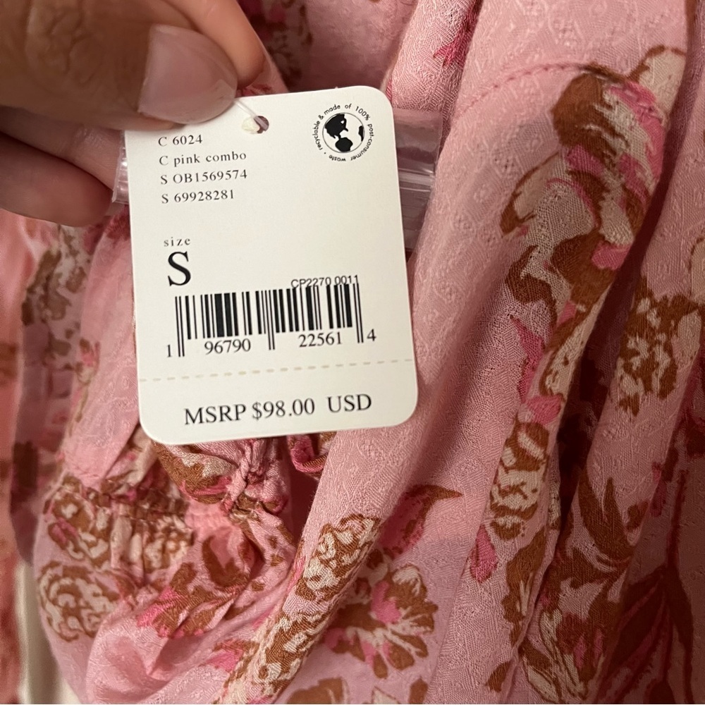 Free People Hilary Printed Top Size Small Pink Combo Smocked Back Blouse NEW - Picture 5 of 7